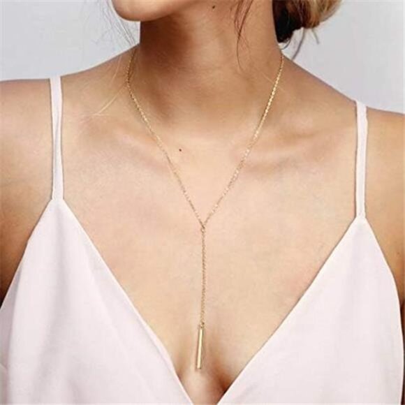 GoldTiny YShaped Dainty Necklace 18K GoldPlated Cute Bar Vertical LariatNecklace - Picture 5 of 7